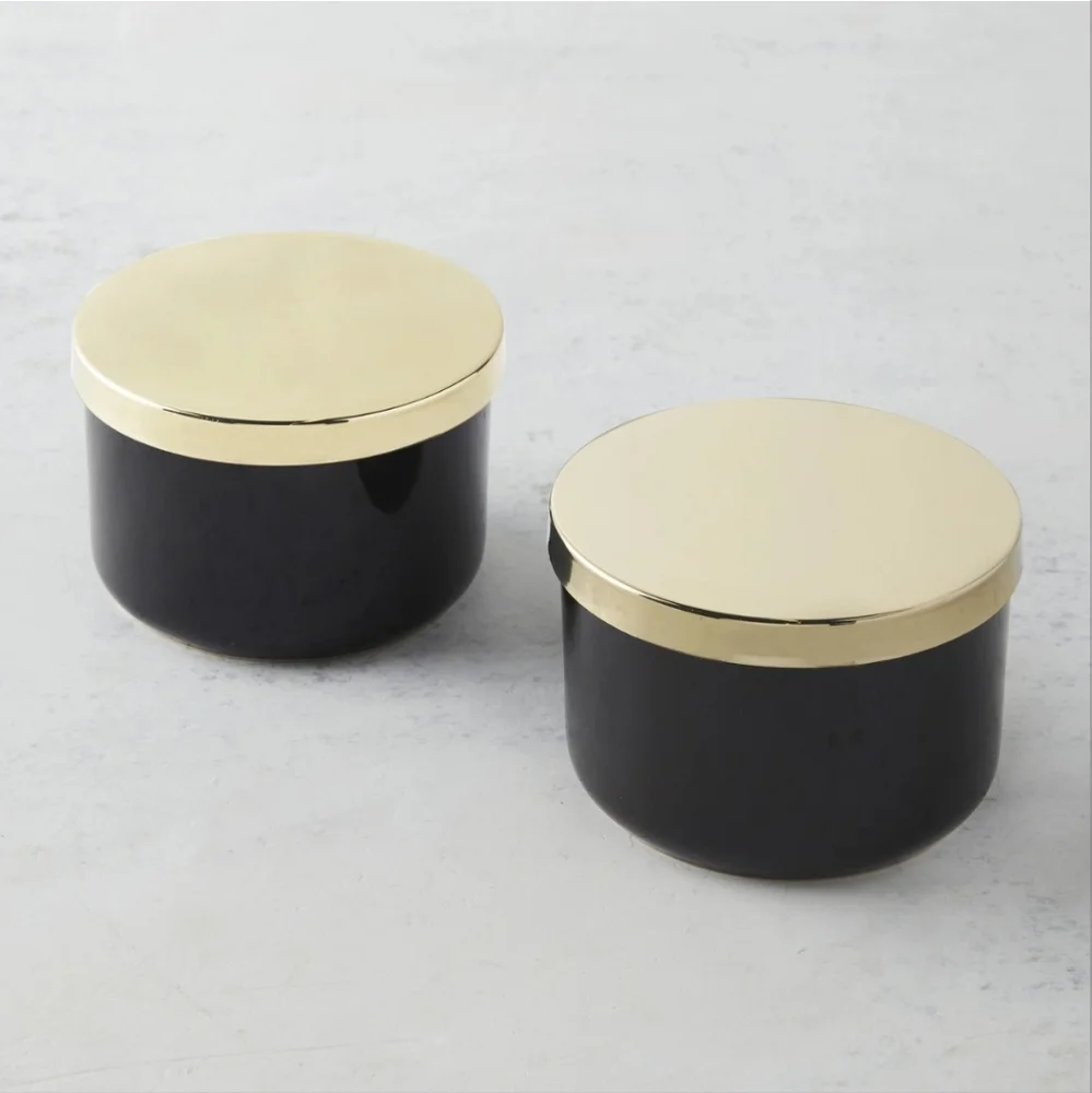 Z Gallerie Black & Gold Ceramic Storage Jars With Lids - Set of 2 - New